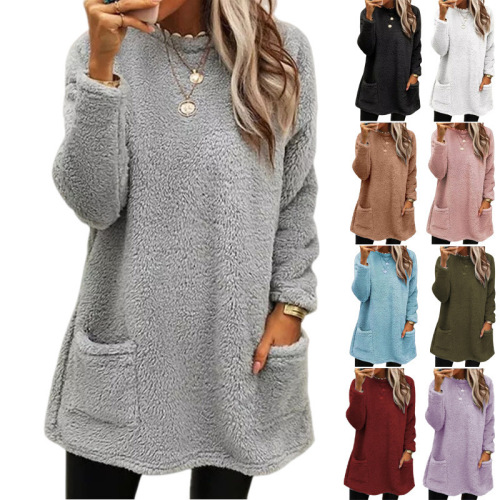 2025 Western and Eastern Amazon Independent Station TEMU Cross-border New Women's Long Sleeve Pocket Plush Sweatshirt T-shirt Top