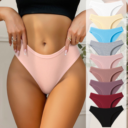 Innerwear Sexy Ribbed Underwear for Women, European and American Style, Sporty Pure Cotton Low-Waisted Tri-Top Shorts for Women