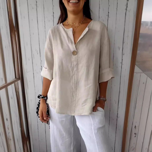 Amazon 2025 Summer Loose T-Shirt for Women with V-Neck Cotton-Linen Button-Up Top