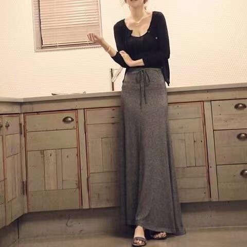 Women's Spring and Autumn High-Waisted Medium-Length Elegant Grey Draping A-Line Large Swing Skirt