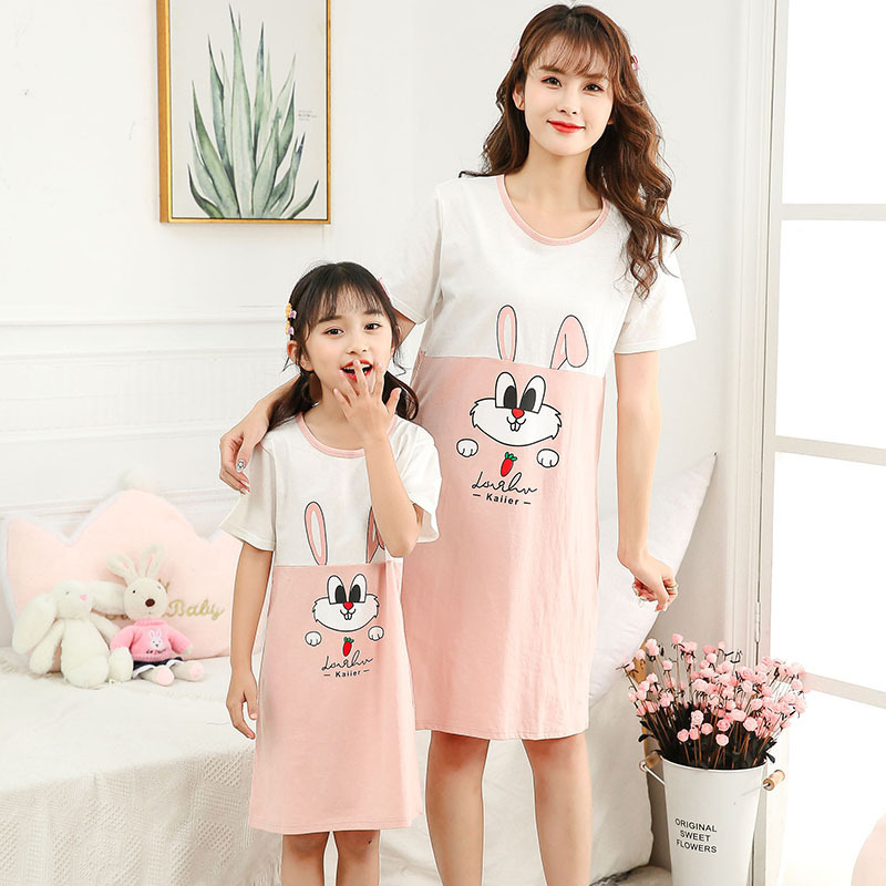 Girls' Cotton Summer Sleepwear Dress Short Sleeve Dress for Kids Mother and Daughter Set Baby Girl Outfit