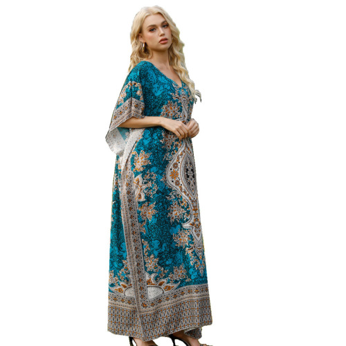 Women's European and American Printed Dresses, Middle Eastern Plus Size Loose Long Robes, Beach Vacation Dresses