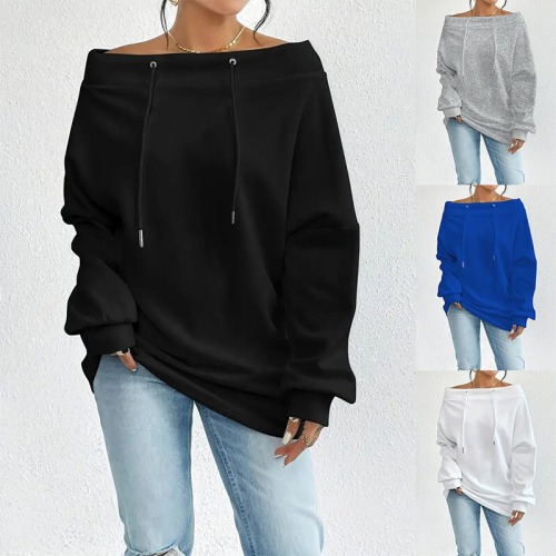 Women's Sexy Off-the-Shoulder Drawstring One-Shoulder Loose Fit Hoodie for Autumn/Winter European and American Fashion