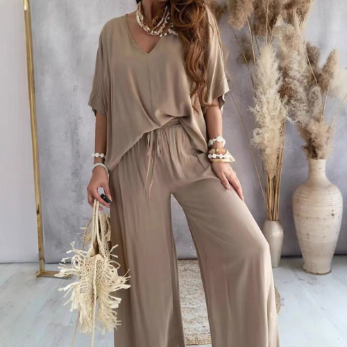 Amazon AliExpress Independent Store 2025V Collar Batwing Sleeve Loose Wide Leg Pants Set for Women