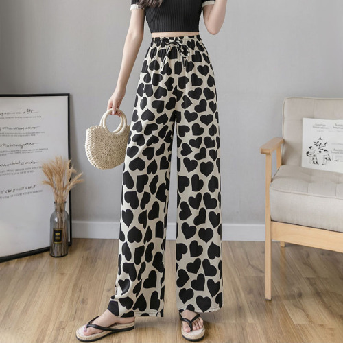 Thailand Printed Heart Wide Leg Pants for Women - Summer Thin Fit Loose Plus Size High-Waisted Slimming Long Pants