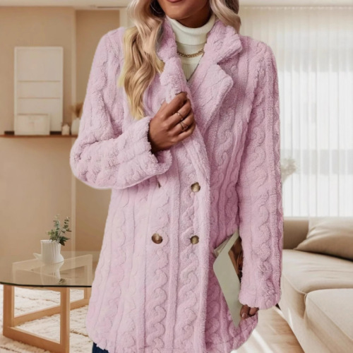 Fuzzy wool coat for European and American women, comfortable casual warm suit collar double-breasted mid-length coat