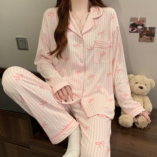 Folded Fabric Spring Sleepwear Sweet Teen Striped Long-Sleeve Korean Style Casual Wearable Home Set Wholesale