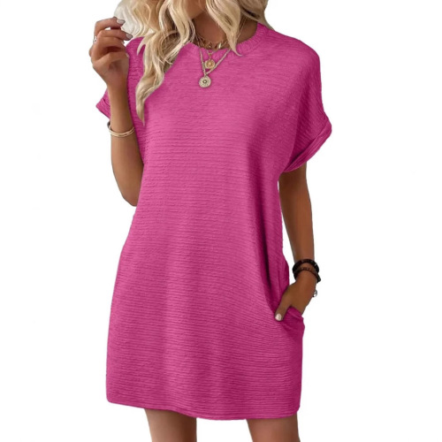 Women's Loose Round Neck Pockets Solid Color Short Sleeve Dress for Amazon Cross-Border E-commerce Independent Store - 2025 Summer New Arrival
