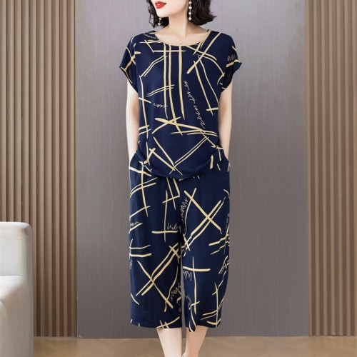 Cotton-Silk Set Mother Summer Stylish Short-Sleeve Middle-Aged Women's Artificial Cotton Pajamas Wearable Two-Piece Set Thin