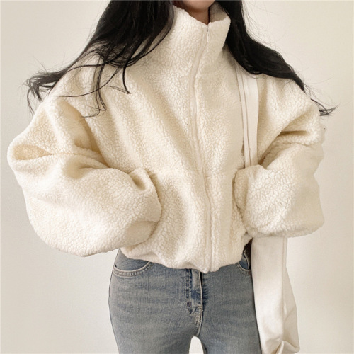 Women's Padded and Thickened Loose Crew Neck Short Sleeve Sweatshirt for Autumn/Winter with Cashmere Fleece Zipper Outerwear in Ins Casual Style