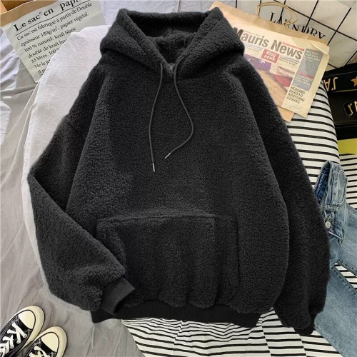 Sheep Lamb Wool Sweatshirt Women's Korean Style Trendy Student Loose BF Style Autumn Winter Fleece Thick Hooded Sweatshirt Top Outerwear