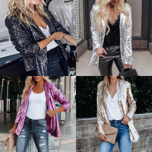 2025 European and American cross-border foreign trade women's clothing Amazon new fashion multi-color sequin long-sleeved temperament small suit jacket