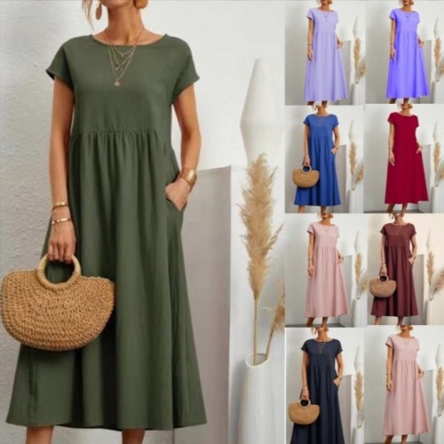 eBay Western-style solid color sleeveless loose cotton linen pocket dress