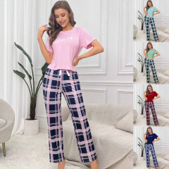 European and American Style Cross-border Short Sleeve Checkered Nine-Foot Pants Leisure Comfort Women's Home Sleepwear Fashion Home Suit Set