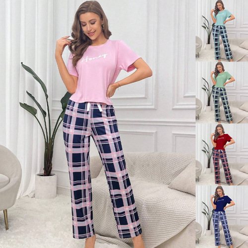 European and American Style Cross-border Short Sleeve Checkered Nine-Foot Pants Leisure Comfort Women's Home Sleepwear Fashion Home Suit Set
