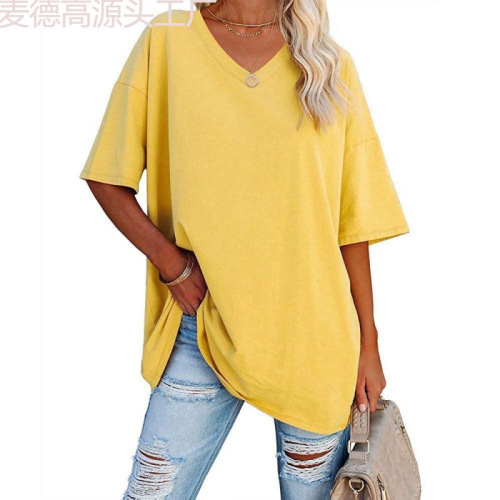 European and American Women's Spring/Summer Colorful Loose-Fit Half-Sleeve V-Neck Cotton Cinched Top