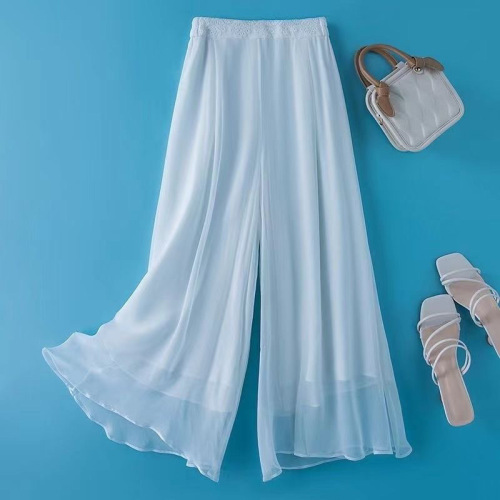 Summer High-Waist Chiffon Wide Leg Pants for Women, Flowy Double Layer Dance Loose Pants, 9/10 Wide Leg Skirt Pants