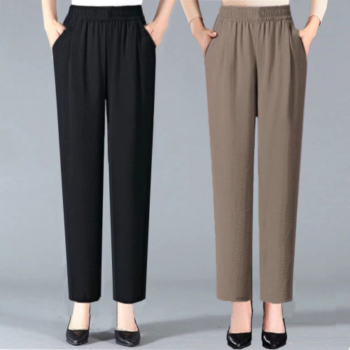 Summer lightweight mid-to-late adult high-waisted breathable plus-size mom's ankle-length pants—fashionable ice-silk linen elastic-waist women's trousers
