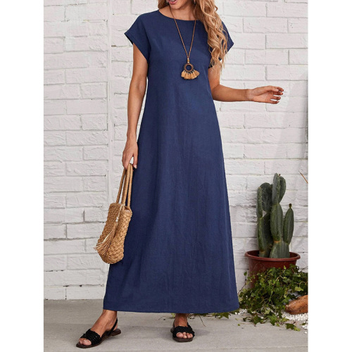 Summer European and American-style minimalist women's clothing: Round-neck, short-sleeve, loose-fitting, casual, long-length solid-color dress