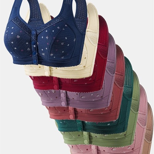 Summer and Autumn Plus Size Medium-Aged Women's Cotton Bra with No Wire, Front-Closure Lace Edge Printed Backless Tank Top