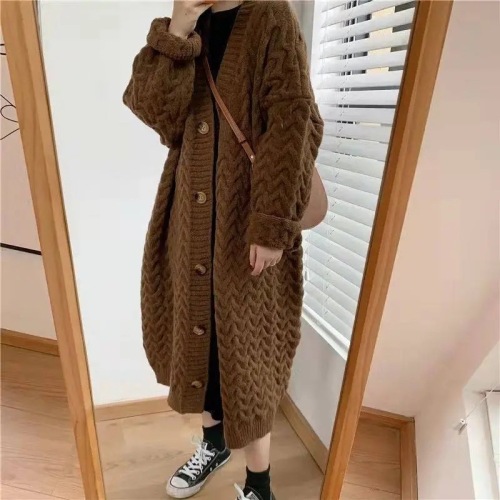 Lazy Style Solid Color Long-Sleeve Cardigan Women Spring Autumn Winter Unique Design Knee-Length Knit Sweater Loose Outerwear