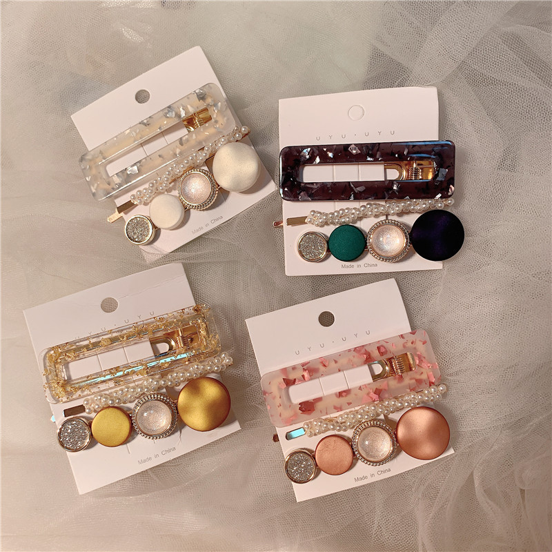 Set of Pearl Acetic Hairpins, Dongdaemun Style, Elegant Edge Clips, Korean Version, Sweet and Delicate Girl's Heart Pearl One-Sided Hair Accessories