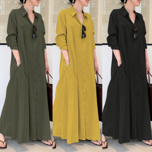 Western and Eastern Leisure Solid Color Collared Long-Sleeve Pockets Simple Loose Long Dress Top, Dropshipping One Piece