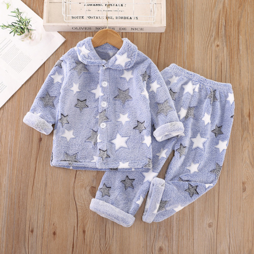 Children's thickened flannel pajama set for kids, cute cartoon coral fleece loungewear for baby girls