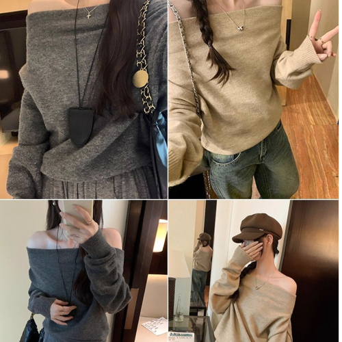Elevated, niche-style off-shoulder loose-fit knit sweater for women—2025 spring/autumn collection, featuring a laid-back, slanted-shoulder top.