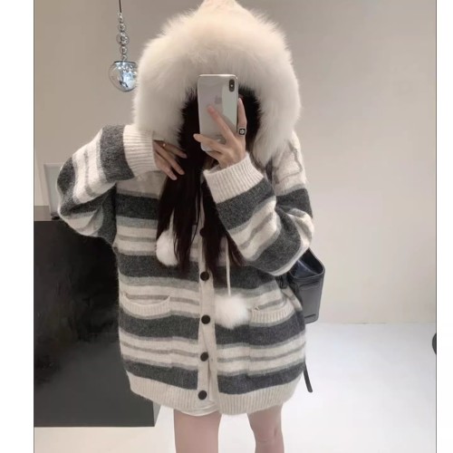 Vintage Striped Large Wool Collar Hooded Sweatshirt Coat for Women 2025 New Autumn/Winter Thick Loose Casual Knit Cardigan