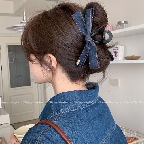 Korean fashionable denim bow tie clip 2025 new high-end hair clip back of the head large shark clip headwear