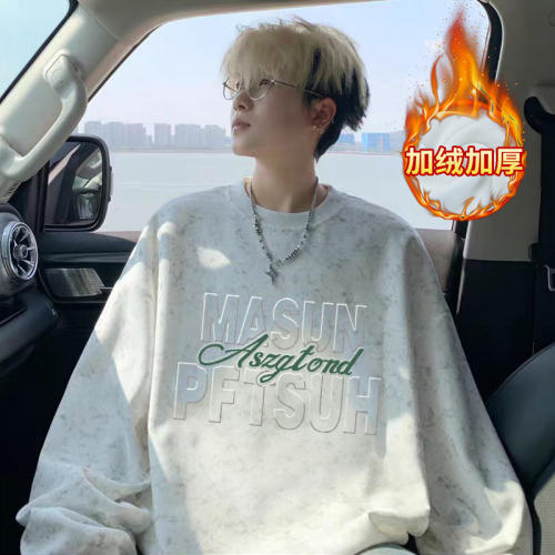 Official Image Large Size Men's and Women's Sweatshirts with Fleece for Autumn/Winter  New Trendy Design with Embossed Texture Loose Round Neck Warm Top