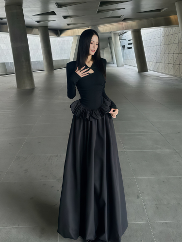 New Chinese-style stand-up collar, buttoned long-sleeve dress for women, autumn new style, waist-cinching, slimming, high-end, A-line, blooming flower long dress