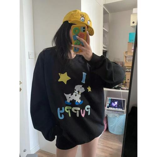 High-quality Mamba Cotton 300g + Fleece 400g Women's Autumn/Winter Round Neck Loose Print Sweatshirt