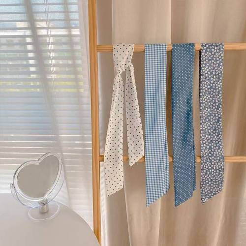 Spring and Summer Korean Style Blue Polka Dot Silk Scarf Versatile Long Striped Hair Tying Bag with Fringe Cute Multifunctional Small Ribbon