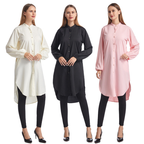 Women's Long Loose Stand Collar Shirt with Long Sleeve Casual Fashion Solid Color Leisure Amazon Hot Sale