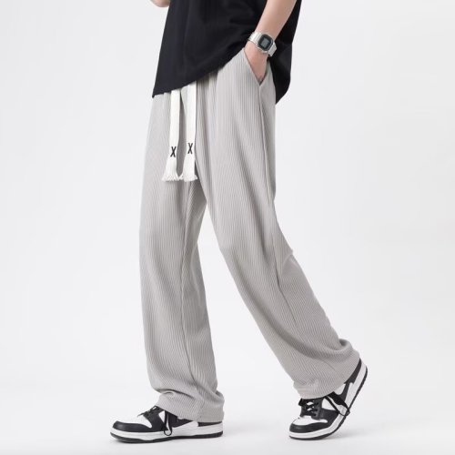 Summer Thin Pants Men's 2025 New Straight Leg Loose Teenage Boys Nine Points Ice Silk Casual Pants Trendy Brand