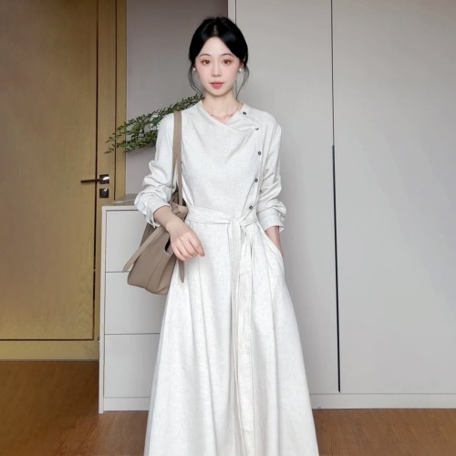 French retro high-end design sense diagonal lapel long-sleeve women's dress for autumn and winter new slimming tie belt A-line long dress