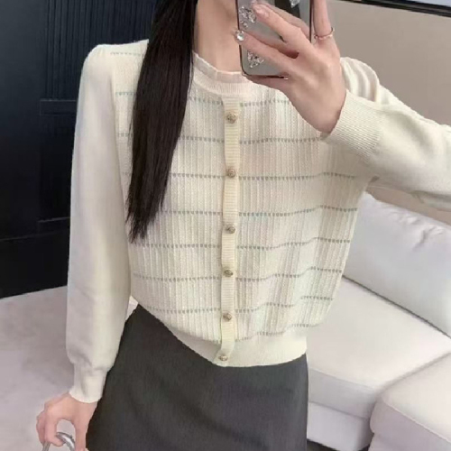 Women's 2025 Autumn/Winter New Korean Style Chanel-Inspired Round Neck Net Mesh Stitched Texture Striped Knit Long Sleeve Top