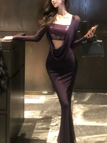 Chic Pure Desire High-End V-Neck Dress for Women - Early Autumn New Arrival - Fitted Slimming with Bra Pads - Bustier Long Dress