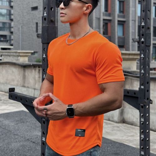 American Summer Muscle Fitness Brother Slim Fit Trend Brand Short Sleeve Men's Flow Mesh Plain Color T-Shirt Training Crew Neck Top