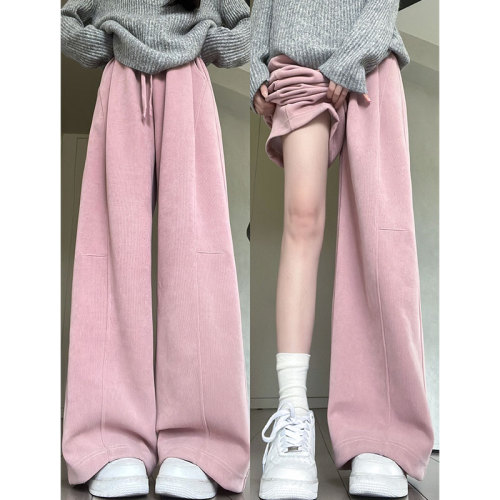 Pink cotton flannel wide-leg pants for girls - new autumn and winter fashion, high-waisted, slimming, casual, sporty, versatile, warm-lined sweatpants