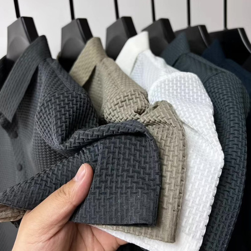 Elegant Short-Sleeve Polo Shirt for Men, Light Luxury Business T-Shirt, European Style, Refined Pure Color Brocade Casual Ice Silk Top