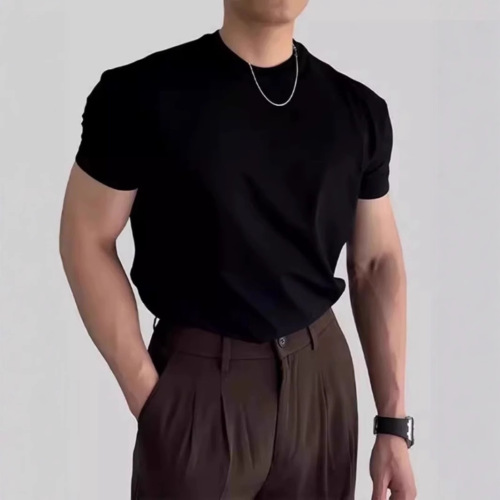 2025 New Trend Brand Summer Solid Color Youth Men's Student Navy Blue Short Sleeve T-Shirt for Muscle Highlight
