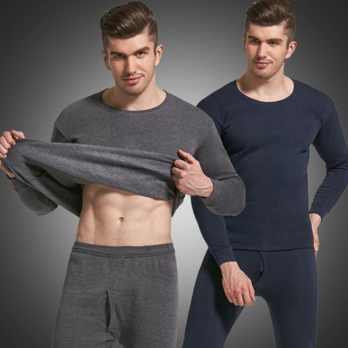 NanRenShuai/Nanrenshuai men's solid color thermal underwear round neck brushed plus velvet thickened autumn clothes and autumn trousers