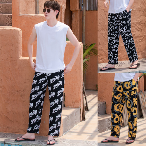 2025 New Men's Summer Beach Casual Slim Fit Home Sleep Pants Cotton Satin Pants for Middle-Aged and Younger Men