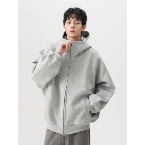 Vintage American-style solid-color large hat open sweater hoodie for men, autumn and winter loose and versatile wide-body double zipper coat, trendy