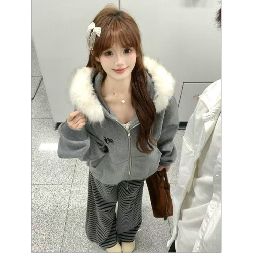 Pure Cotton and Cotton Blended Embroidered Zip-Up Hoodie with Plush Collar + Fleece Lounge Pants - Original Guangzhou Fabric