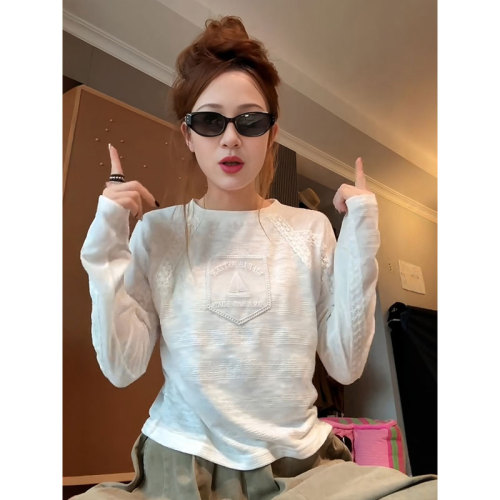 Morning Lead【Original Quality】【Brocade Fabric】French Lace White Long-Sleeve T-Shirt for Women Autumn Base Shirt Top