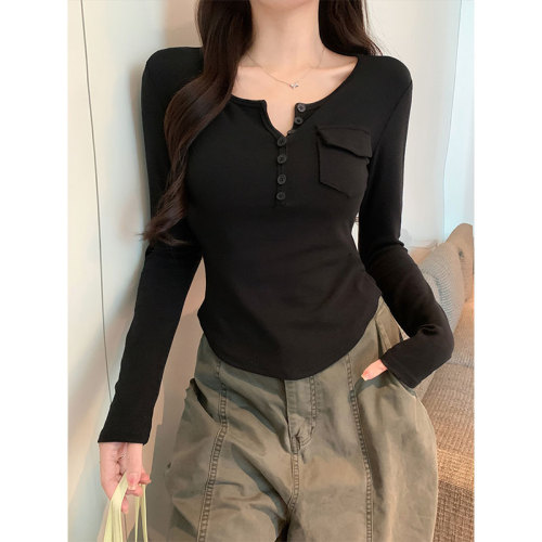 Morning Lead【260g 1X1 Cotton】Autumn New Pure Desire Style Bodycon Button Half Open V Neck Long Sleeve T-shirt Top for Women